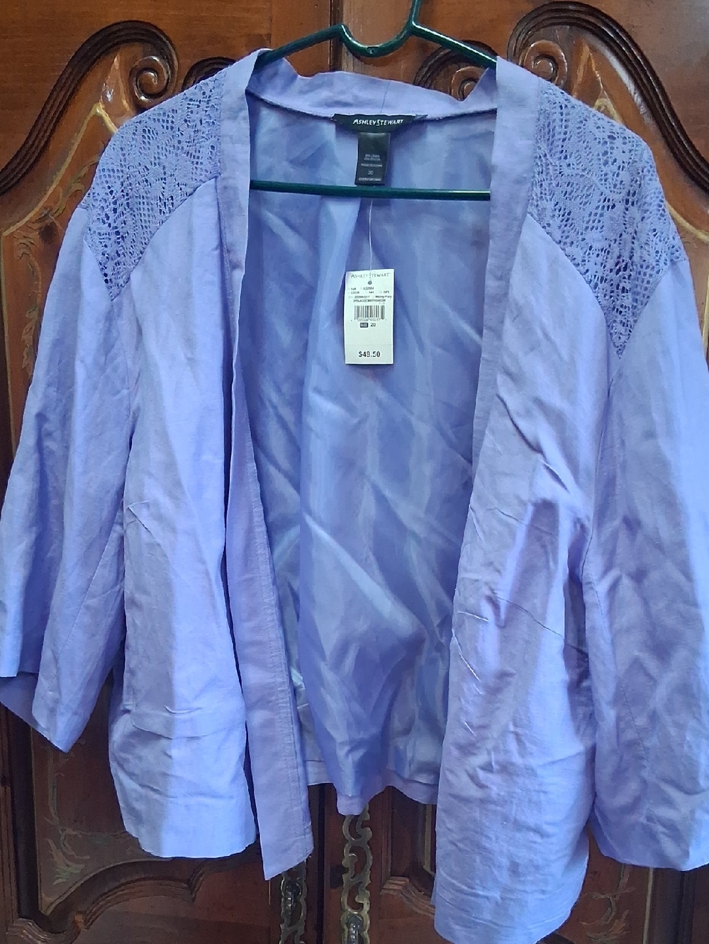 Ashley Stewart Sz 20 Linen Lavender Open-Front Jacket with Lace Shoulders $35.